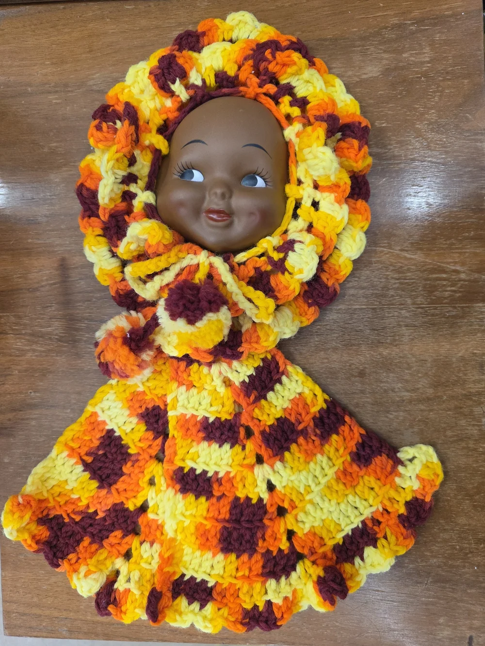 Handmade Crochet Doll Poncho & Bonnet Set in Yellow, Orange & Brown
